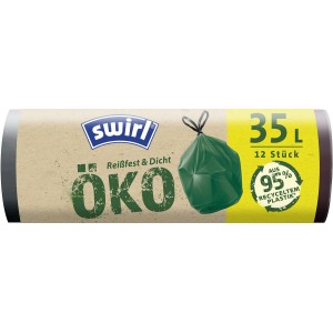 Swirl vrecia na odpad 35 l, 12 kusov so sťahovacou šnúrkou, odolné proti roztrhnutiu a nepriepustné, z recyklovaného materiálu.
