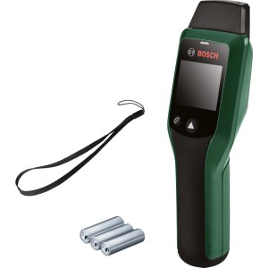 Vlhkomer Bosch UniversalHumid s displejom, pútkom na zápästie a batériami na meranie vlhkosti dreva.