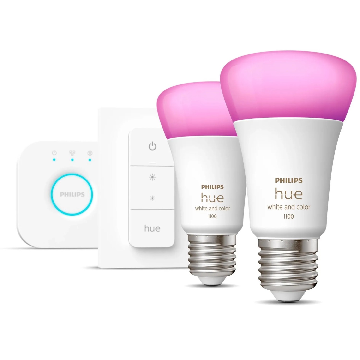 E-shop Philips Hue Štartovacia sada: 2x žiarovka E27 WCA + Hue Bridge + Dimmer Switch