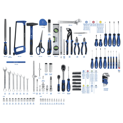 LUX-TOOLS 155-dielna súprava náradia: račne, skrutkovače, kliešte, kladivo, nástrčné kľúče z Cr-V ocele. Modrá/strieborná.
