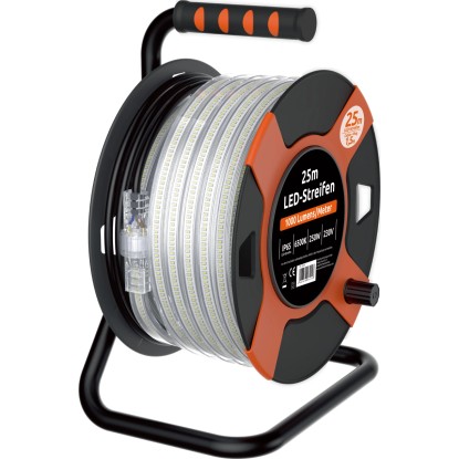 Káblový bubon s 25 m LED pásikom, navinutý na čiernom bubne s oranžovými akcentmi.