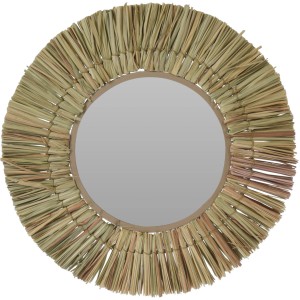 Okrúhle zrkadlo Raffia Ø 42 cm s prírodným rámom ako dekorácia na stenu.