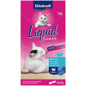 Vitakraft Liquid Snack Losos, 6 kusov. Krémový mačací snack s lososom a Omega-3 pre srsť a kožu.