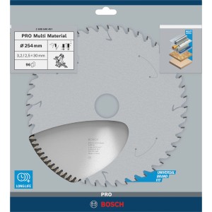 Kotúčová píla Bosch Multi Material, 254 mm, 96 zubov, pre presné rezy do rôznych materiálov.