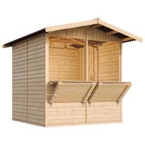 Timbela M149 drevený trh, 4,08 m² s dvoma pultmi, prírodné prevedenie.