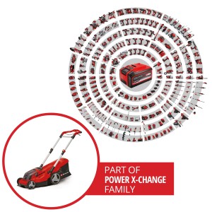Akumulátorová kosačka Einhell Power X-Change GP-CM 36/450, súčasť rodiny Power X-Change. Batéria a mnoho ďalších zariadení v pozadí.