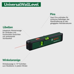 Laserová vodováha Bosch UniversalWallLevel: Kompaktný merací nástroj s laserovou líniou a integrovanou libelou.