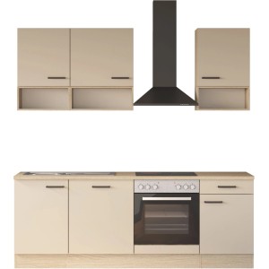 Moderná kuchynská linka Flex-Well Creso 220 cm v kašmírovo matnej farbe s pracovnou doskou dub Provence, rúrou, varnou doskou, drezom a digestorom.