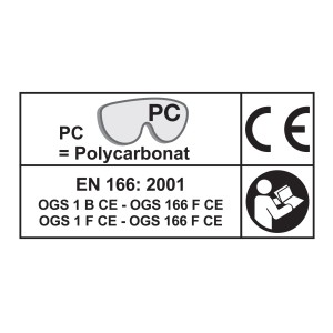 Symboly a normy celotvárových ochranných okuliarov: Polykarbonát, EN 166, označenie CE.