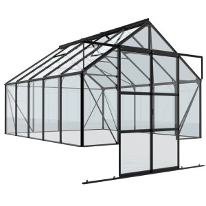 Skleník Vitavia Cassandra 8300, 8,3 m², čierny, s bezpečnostným sklom a hliníkovým rámom.