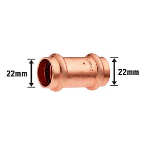 Medená lisovacia tvarovka, priemer 22 mm, na pripojenie medených rúrok v sanitárnych a vykurovacích systémoch.