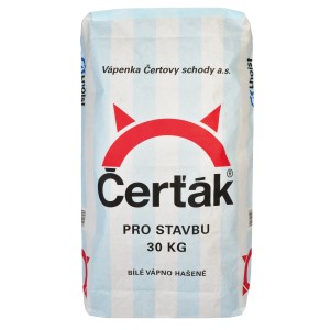 Vápno Čerták vo vreci, 30 kg, pre stavebné práce. Biely vrece s modrým pruhom.