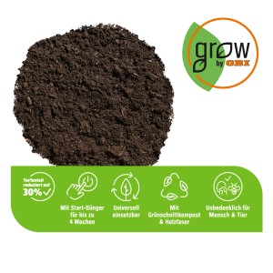 GROW by OBI zemina pre kvety 45 l, univerzálna zemina so zníženým obsahom rašeliny pre izbové, balkónové a záhradné rastliny.