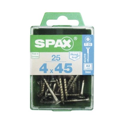 SPAX skrutky do drevotriesky 4x45 mm, nerezová oceľ A2, Torx, 25 kusov v priehľadnom balení.