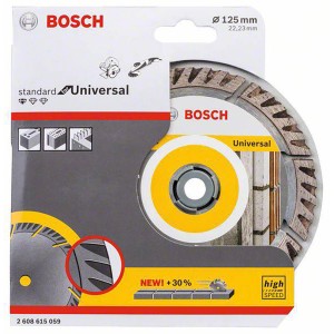 Diamantový rezný kotúč Bosch Standard Universal, priemer 125 mm, pre uhlové brúsky.