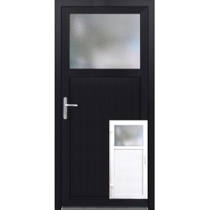 Moderné plastové vedľajšie vchodové dvere K504, ľavé, biele/antracitové, so sklenenou vložkou pre viac svetla.