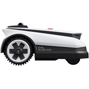 Robotická kosačka Ecovacs Goat A1600, bielo-čierna, bočný pohľad. Robotická kosačka s Dual Blade-Disc.