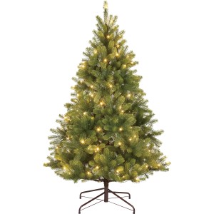 Zelený umelý vianočný stromček Nagano, výška 150 cm, s LED osvetlením a hnedým stojanom pre vnútorné použitie.