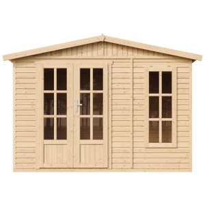 Záhradný domček Timbela M334FB, 6,03 m², neošetrené drevo s dvojkrídlovými dverami a oknom.