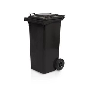 Čierna smetná nádoba s vekom a kolieskami.