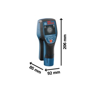 Modro-čierne detekčné zariadenie Bosch Professional D-tect 120 s displejom, tlačidlami a rozmermi 206x85x92 mm.