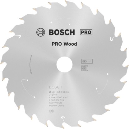 Strieborný pílový kotúč Bosch PRO Wood s 24 zubmi pre akumulátorové píly. Ideálny na drevo a drevené materiály.