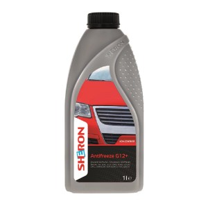 Sivá fľaša červenej nemrznúcej zmesi Sheron G12+ koncentrát, 1 liter.