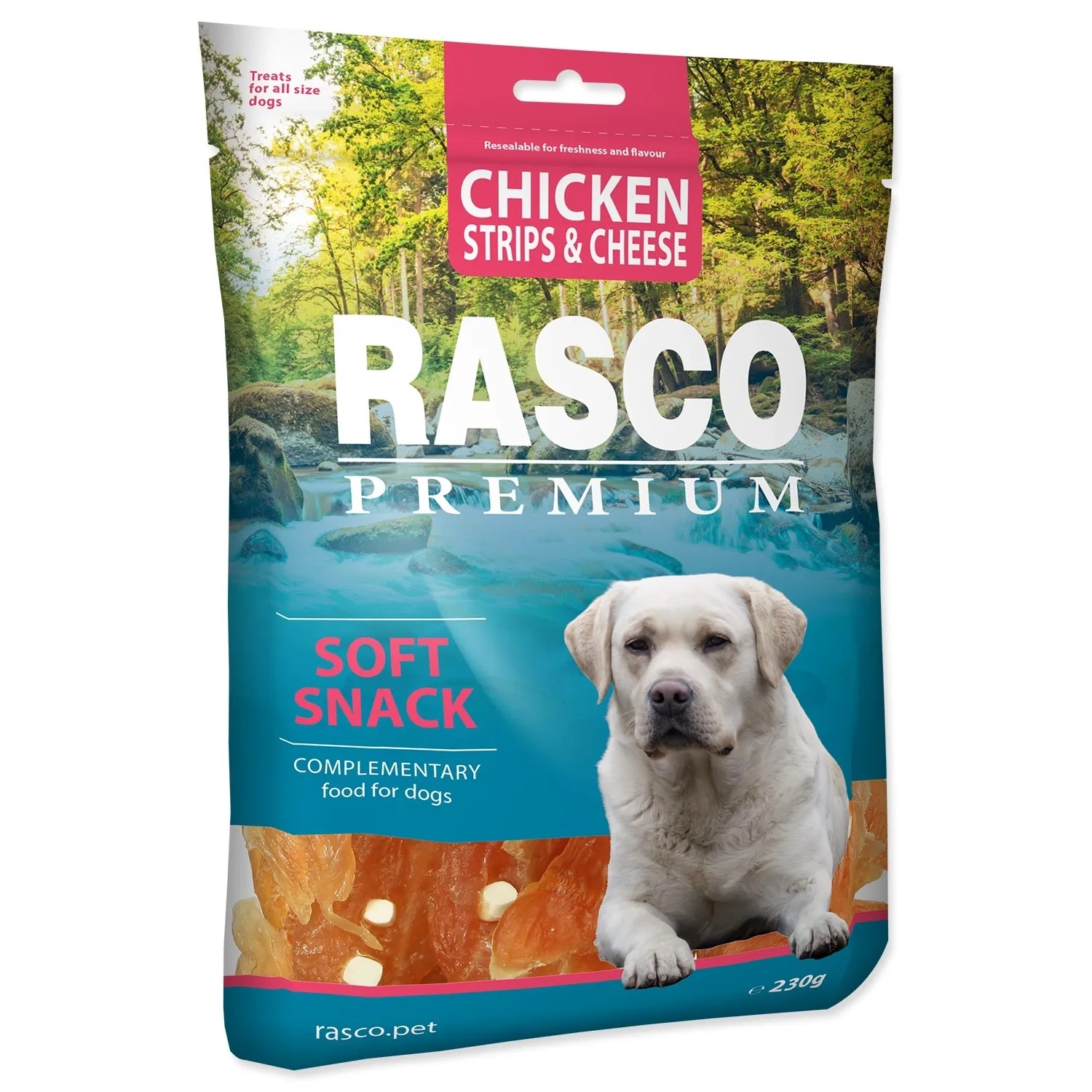 E-shop Rasco Premium Maškrta pre psov Kuracie prúžky so syrom 230 g