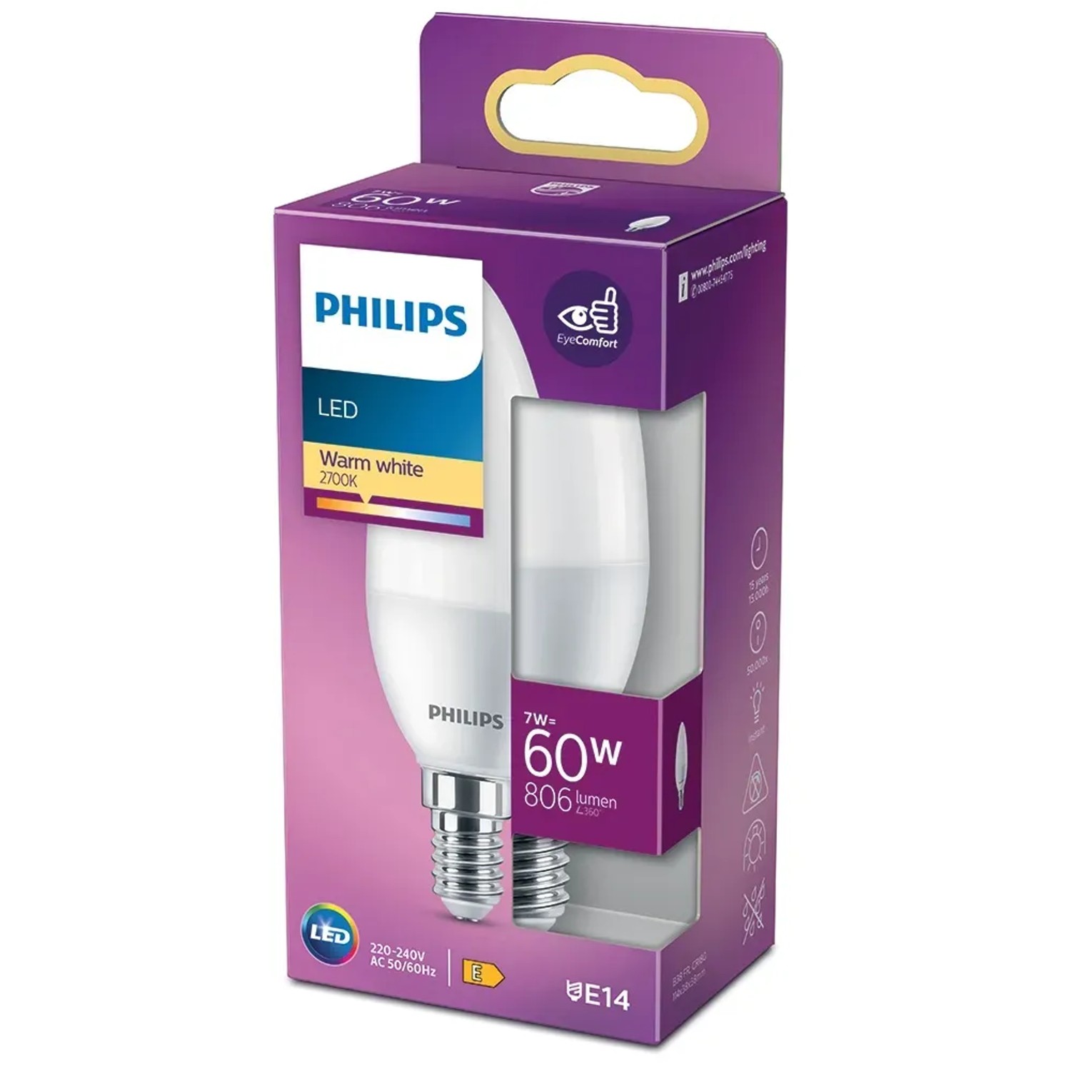 E-shop Philips Classic LED žiarovka E14, 7 W, 806 lm, 2700 K