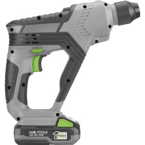 Akumulátorové vŕtacie kladivo LUX-TOOLS A-BH-20C, sivo-zelené, s batériou 1 PowerSystem. Na vŕtanie, skrutkovanie, príklepové vŕtanie.