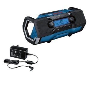 Modro-čierne akumulátorové rádio Bosch Professional GPB 18V-2 SC s adaptérom. Robustné stavebné rádio s displejom a rukoväťou.