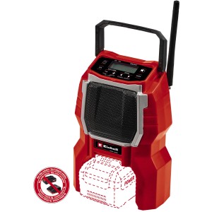 Einhell Power X-Change TC-RA 18 Li BT Solo akumulátorové rádio, červené, s rukoväťou a anténou. Akumulátorové zariadenie pre stavenisko a dielňu.