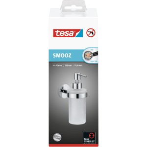 Dávkovač mydla Tesa Smooz, chrómovaný, na montáž na stenu bez vŕtania, objem 200 ml.