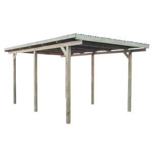 Jednoduchý prístrešok s plochou strechou z dreva, 495x303x228 cm, so šiestimi stĺpikmi a PVC strechou.