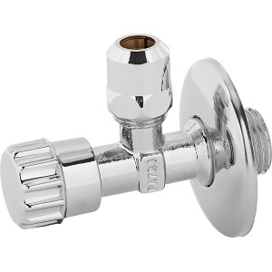 Chrómovaný rohový ventil pre práčku s rozetou, pripojenie 21 mm, na reguláciu vody.