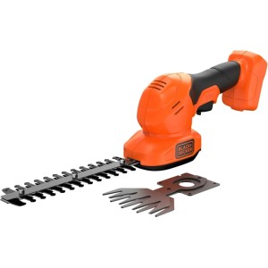 Akumulátorové nožnice na trávu a kríky Black+Decker, oranžovo-čierne, s príslušenstvom.