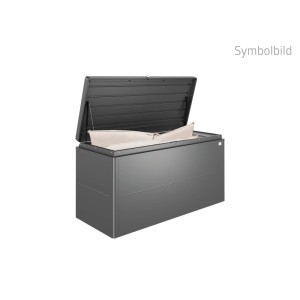 Biohort LoungeBox 200 tmavosivá metalíza, otvorená s vankúšmi. Vodotesný hliníkový univerzálny box na záhradu.