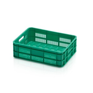 Zelená plastová zberná debna s držadlami.