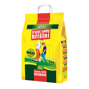 Žlté balenie trávneho semena AROS "travní směs hřištní" pre športové trávniky, 5kg.