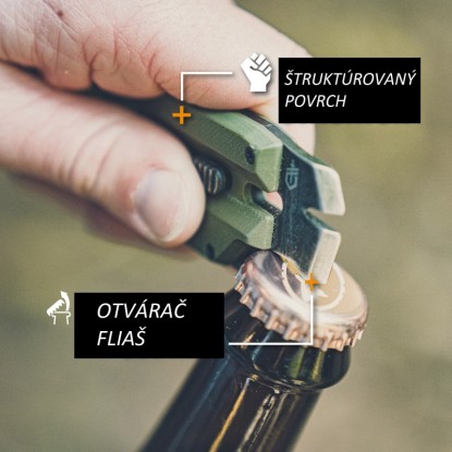 Vreckový nástroj Gerber Prybrid Utility otvára fľašu. Multifunkčný nástroj s otváračom na fľaše.
