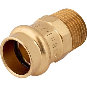 Prechodový nipel z červeného bronzu, 18 mm x 21 mm (R 1/2), pre lisovacie tvarovky v kúrení a inštalatérstve.