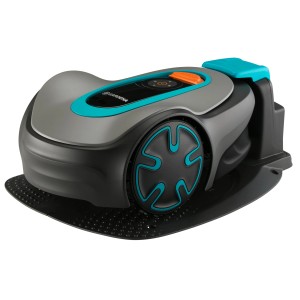 Robotická kosačka Gardena Sileno minimo pre trávniky do 250 m² v šedej a tyrkysovej farbe.