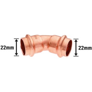 Medené lisovacie koleno, 45 stupňov, priemer 22 mm pre inštalácie medených rúrok.