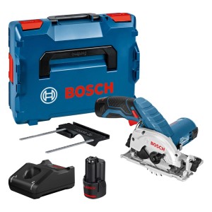 Sada akumulátorovej okružnej píly Bosch Professional GKS 12 V-26 s 2 batériami, nabíjačkou a L-Boxx.