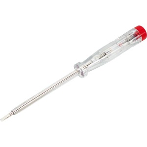 Skúšačka napätia, 100 mm, s priehľadnou rukoväťou a červeným viečkom. Nástroj na testovanie napätia.