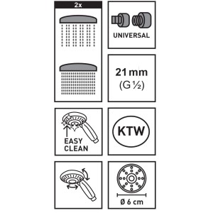Chrómová ručná sprcha: 2 prúdy, univerzálna, pripojenie 21 mm, Easy Clean, Ø 6 cm.