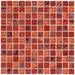 Mozaika sklo & kameň Maya Red, 30x30 cm: Červeno-hnedé mozaikové dlaždice do kuchyne a kúpeľne.