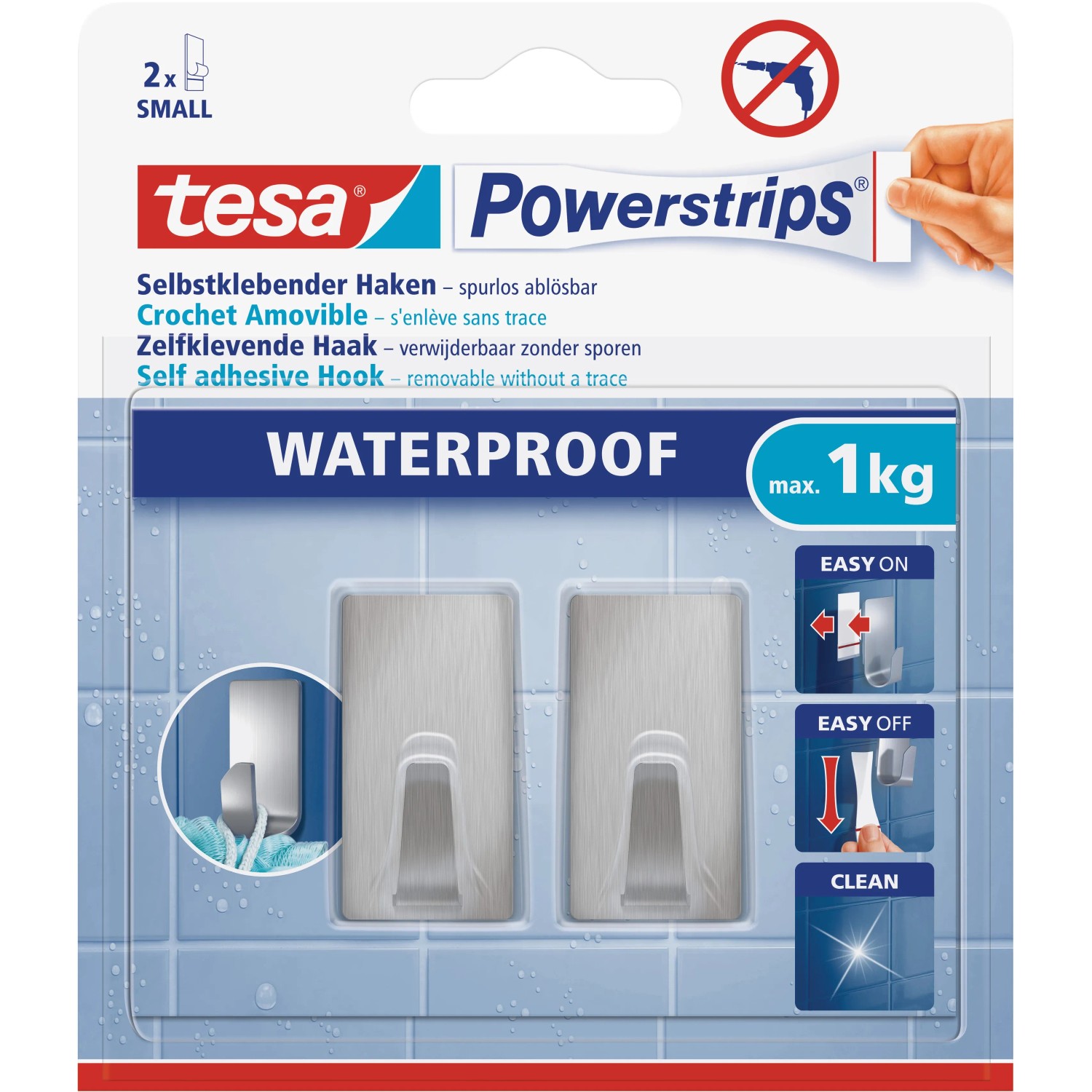 E-shop tesa Samolepiace háčiky Powerstrips Waterproof malé obdĺžnikové nerez. oceľ 2 ks