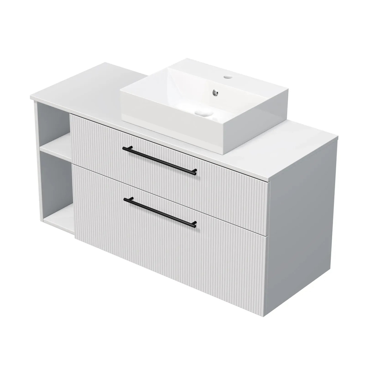 E-shop INTEDOOR Skriňa+umývadlo BEE, úchyt čierny, š.120cm, regál vľavo, biela 3D pruhy