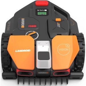 Robotická kosačka Worx Landroid Vision S250 WR202E, pohľad zhora. Robotická kosačka s oranžovými krytmi.